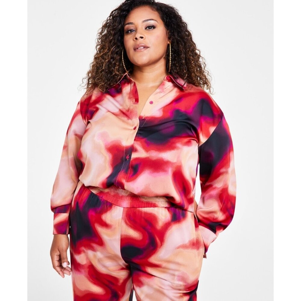 Nina Parker Trendy Plus Size 2X Satin Shirt Red MSRP $69